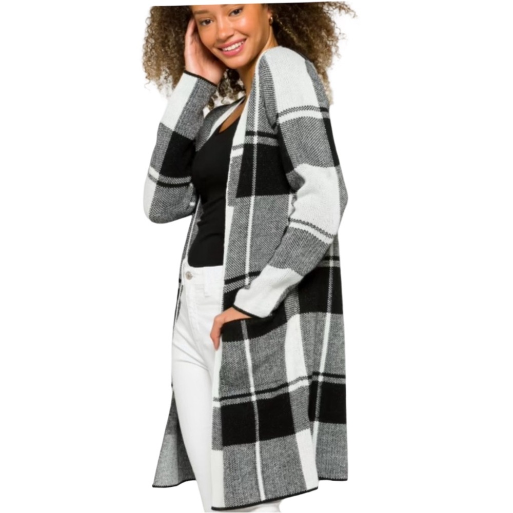 Fortune + Ivy Women Fall Black White Plaid Open Front Duster Cardigan Medium EUC